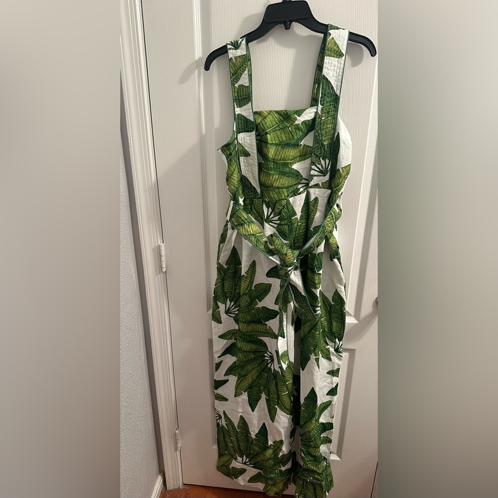 FARM Rio Tropical Green Leaf Jumpsuit, Palm Fan Linen Wide-Leg Has 2 side pocket - Picture 7 of 12